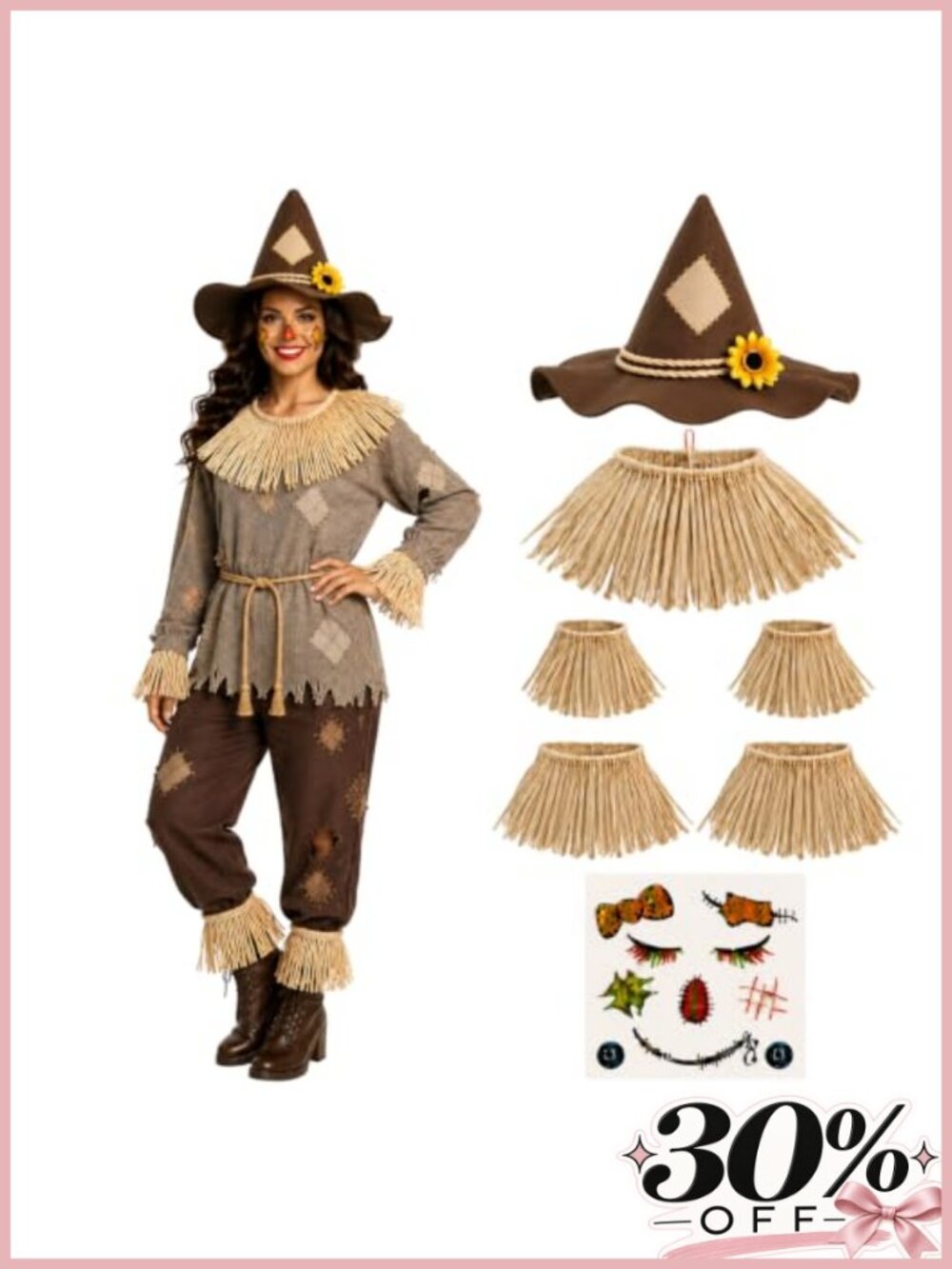Scarecrow Costume Accessory Set Felt Straw Hat Collar Cuffs Halloween